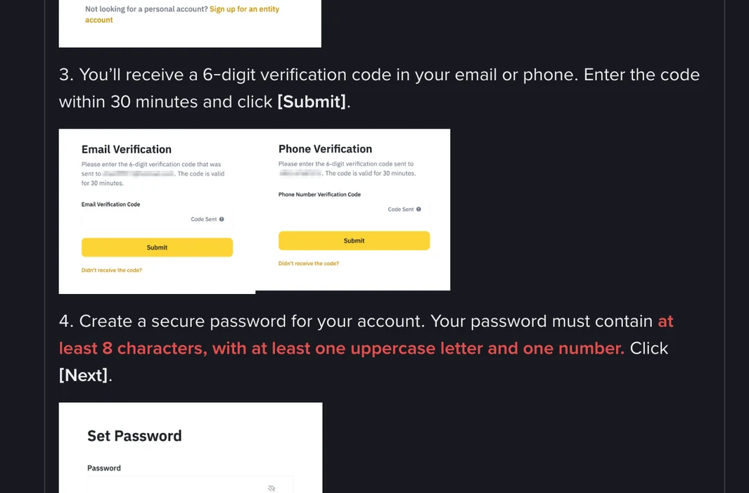 Binance Help Center steps 3 and 4 showing the Email Verification and Phone Verification screens with a Submit button and a Set Password screen