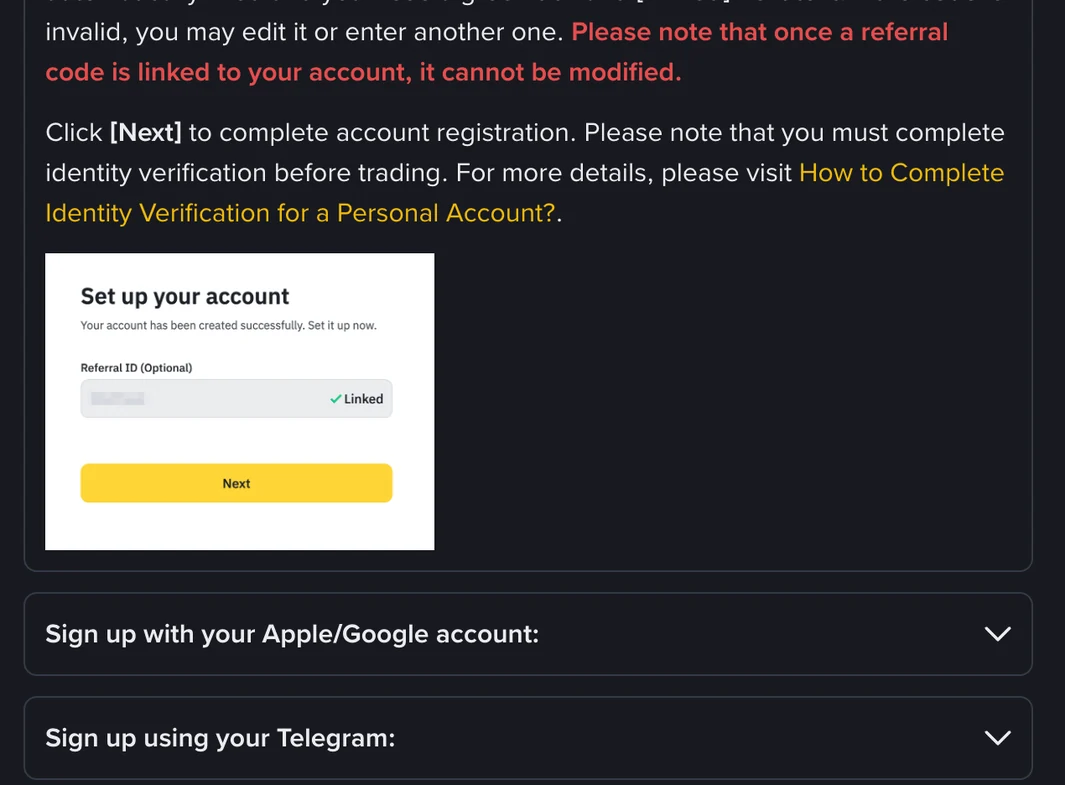 Binance Help Center illustration of the Set up your account screen with an optional Referral ID field marked Linked with a green tick and a Next button