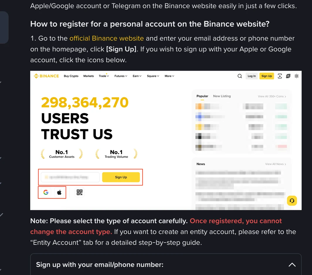 Binance Help Center illustration of the homepage with the email or phone field, the Sign Up button and the Google and Apple icons outlined in red