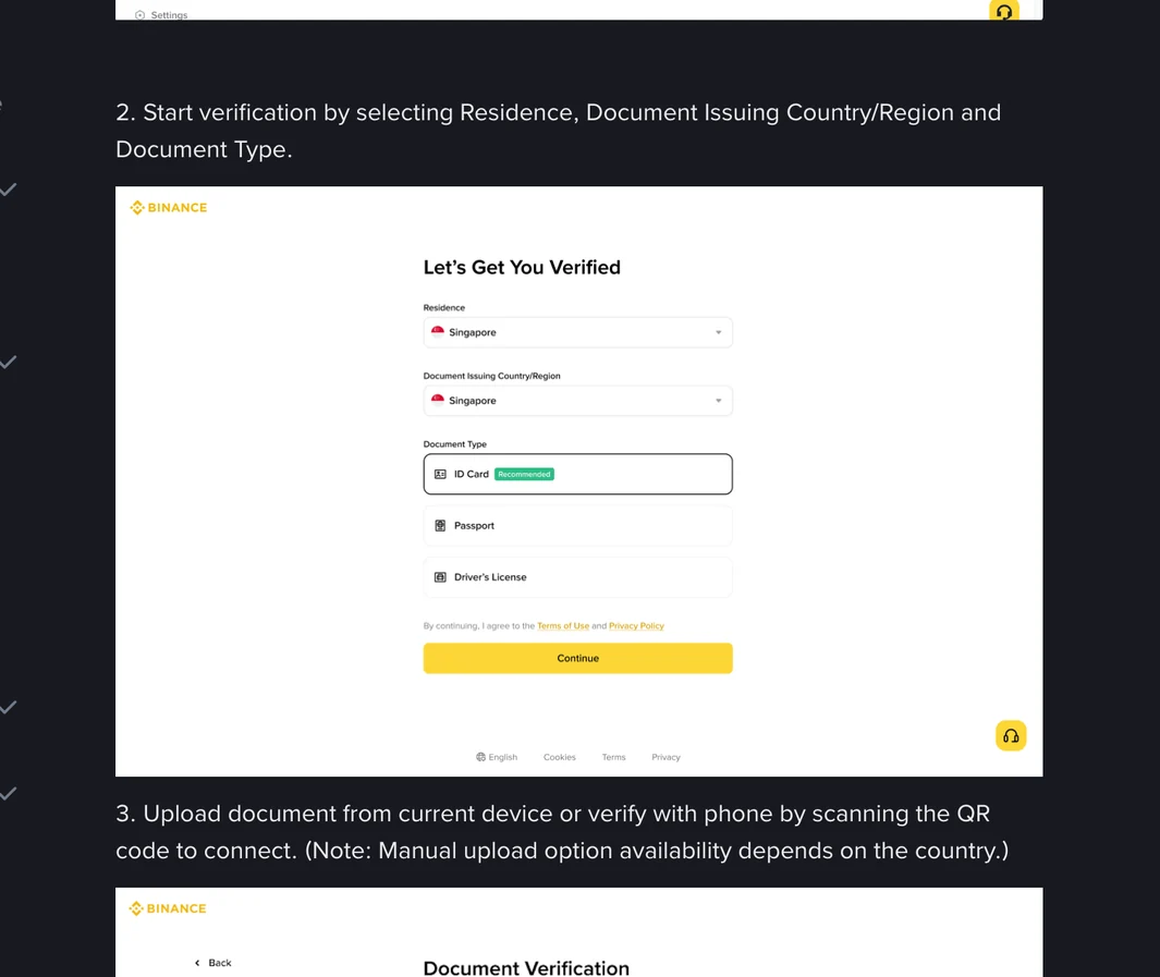 Binance Help Center illustration of the Let's Get You Verified screen with Residence and Document Issuing Country fields and ID Card, Passport and Driver's License options