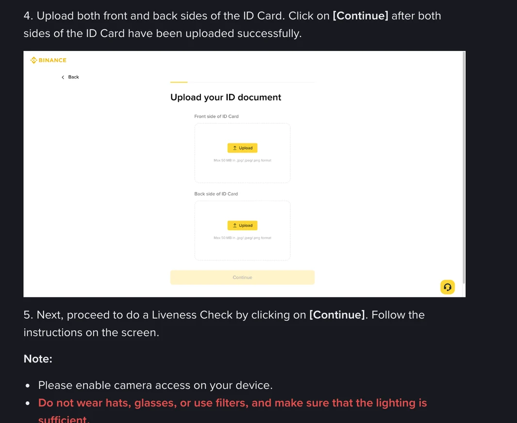 Binance Help Center illustration of the Upload your ID document screen with separate upload boxes for the front and back of an ID card