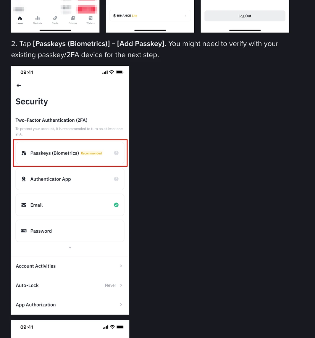 Binance Help Center illustration of the app Security screen with Passkeys (Biometrics) marked Recommended and highlighted, above Authenticator App, Email and Password