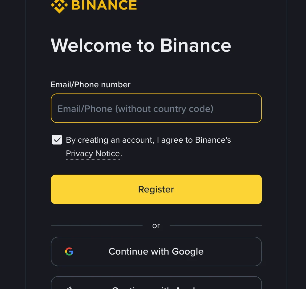 Binance sign-up card titled Welcome to Binance with an empty Email/Phone number field, a Privacy Notice checkbox, a Register button and a Continue with Google button