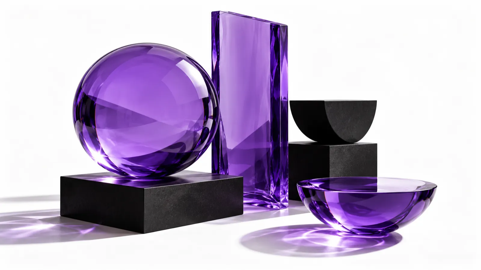 Violet glass sphere, upright glass slab and shallow glass bowl arranged on black stone blocks against a white background